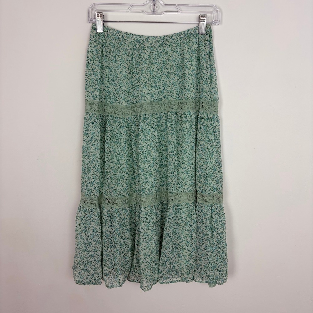 April Cornell Teal Tiered Skirt Midi Cottage Ditsy Floral Fairy Boho Size XS
